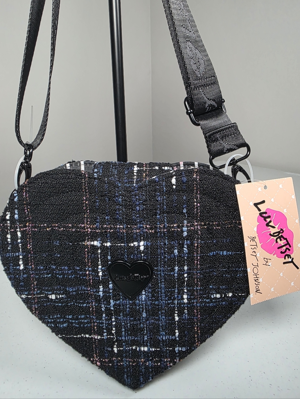 Betsey Johnson Heart-Shaped Tweed Crossbody Bag - Picture 5 of 11
